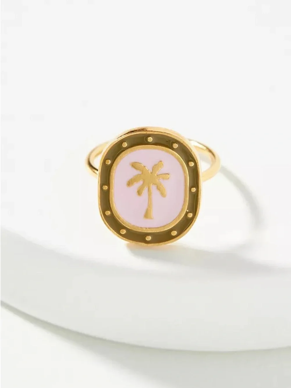 Gold Palm Tree Pink Enamel Ring
